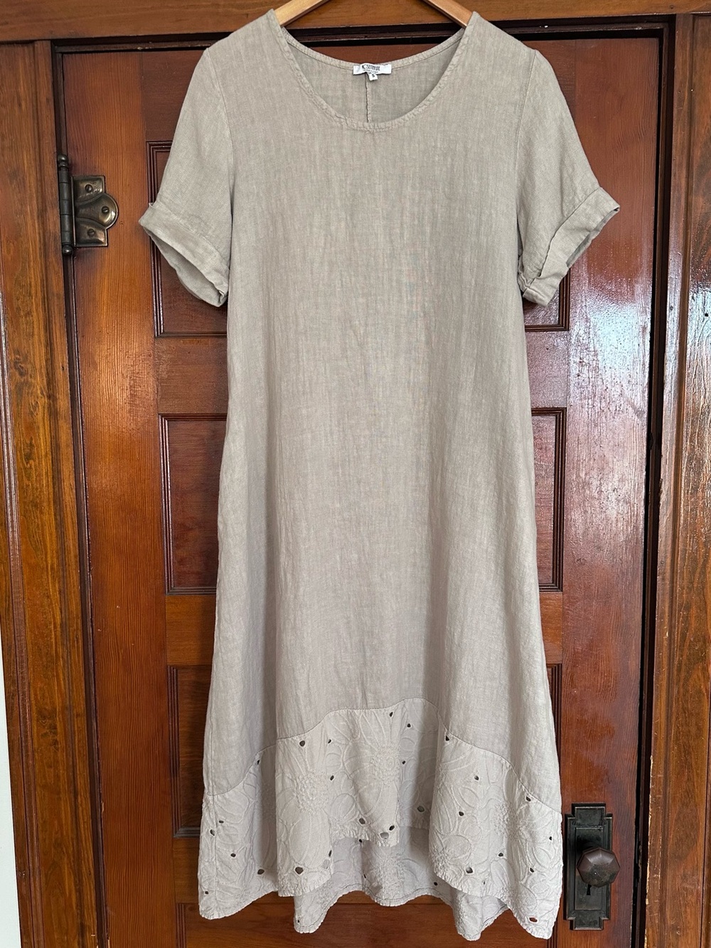Rosemarine Linen Short Sleeve High-Low Midi Dress Size Small Eyelet Hem Taupe